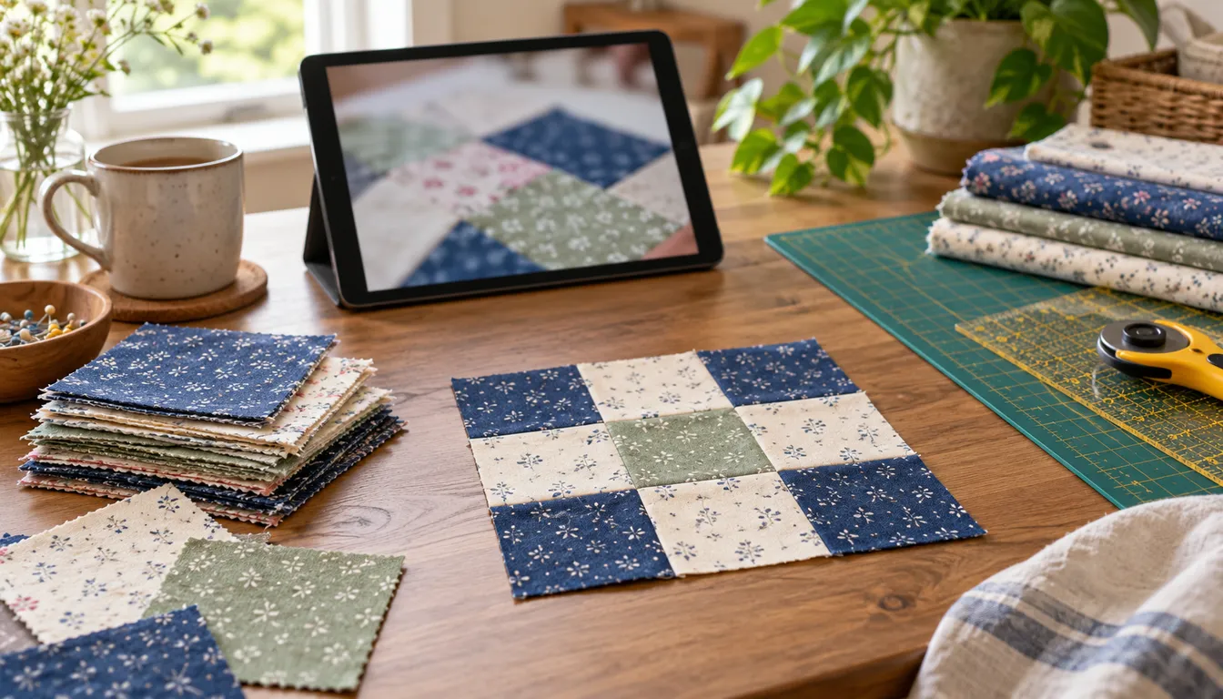 Tablet with a blurred quilt image beside fabric squares and a nine-patch block