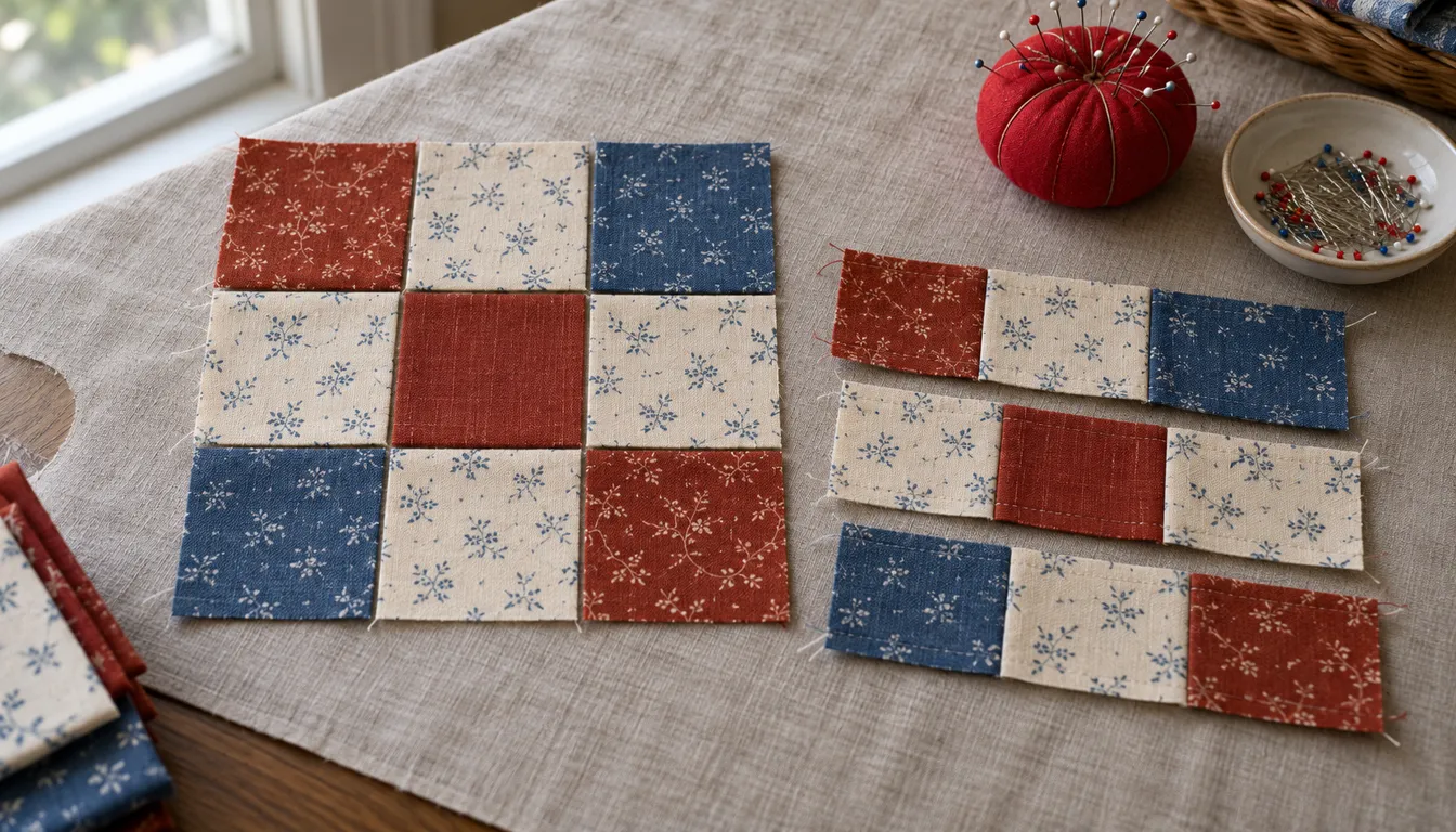 Nine-patch cotton pieces and sewn rows in rust cream and blue on linen