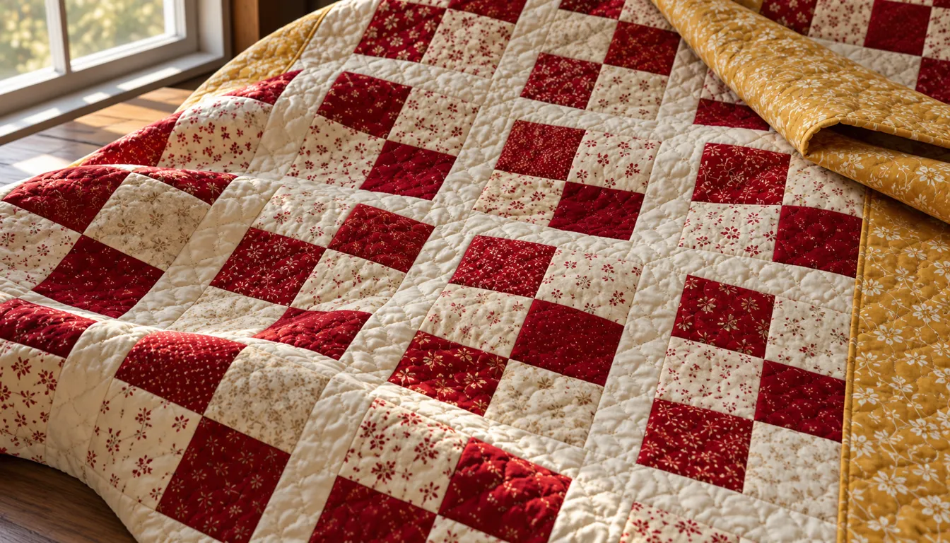 Red and cream four-patch quilt with a folded yellow border fabric