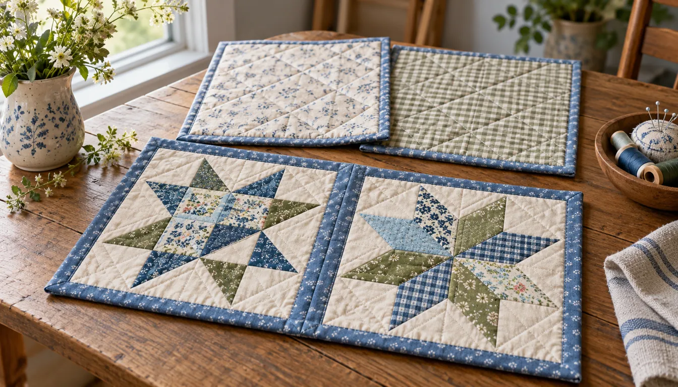 Small quilted panels arranged on a table with blue joining strips