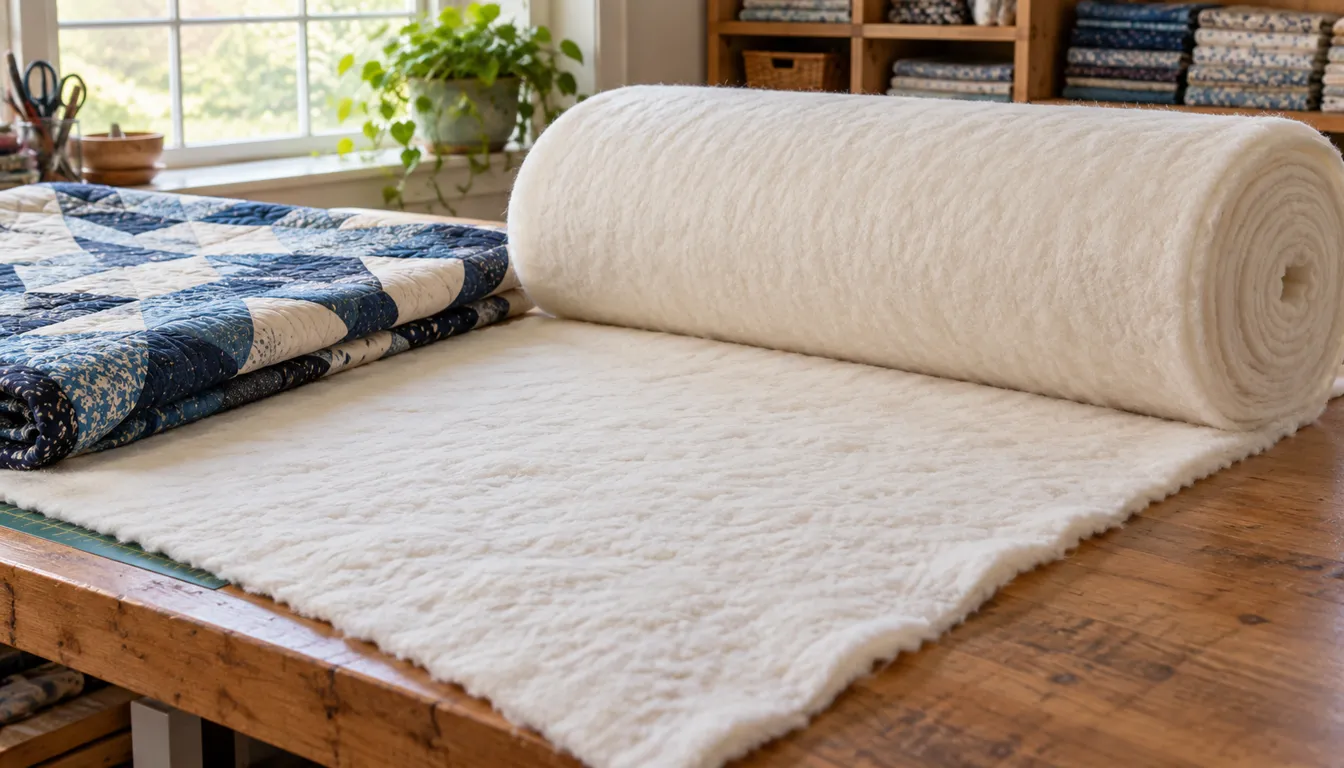 Large roll of cream batting unrolled beside a folded blue quilt top
