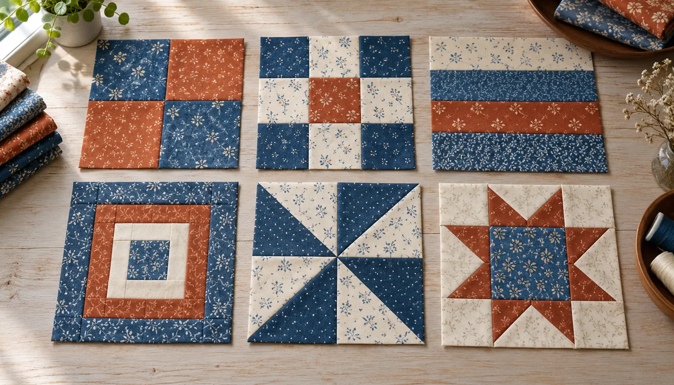 Six separate cotton sampler blocks in blue rust and cream on a wooden table