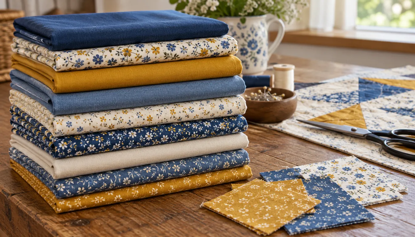 Folded cotton prints and solids with cut squares on a wooden table