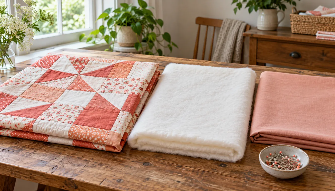Coral patchwork top, white batting and peach backing laid separately on a worktable