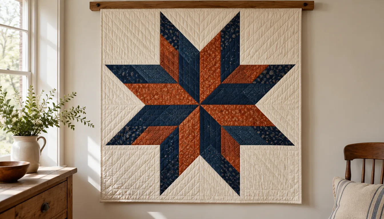 Navy and rust star quilt hanging against a cream wall