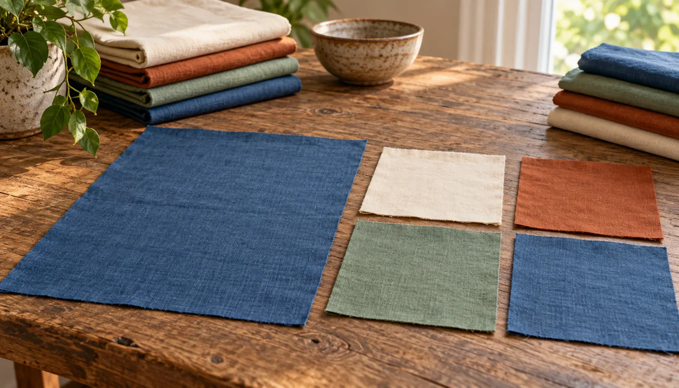 Unfolded blue cotton with loose cream rust sage and blue squares nearby