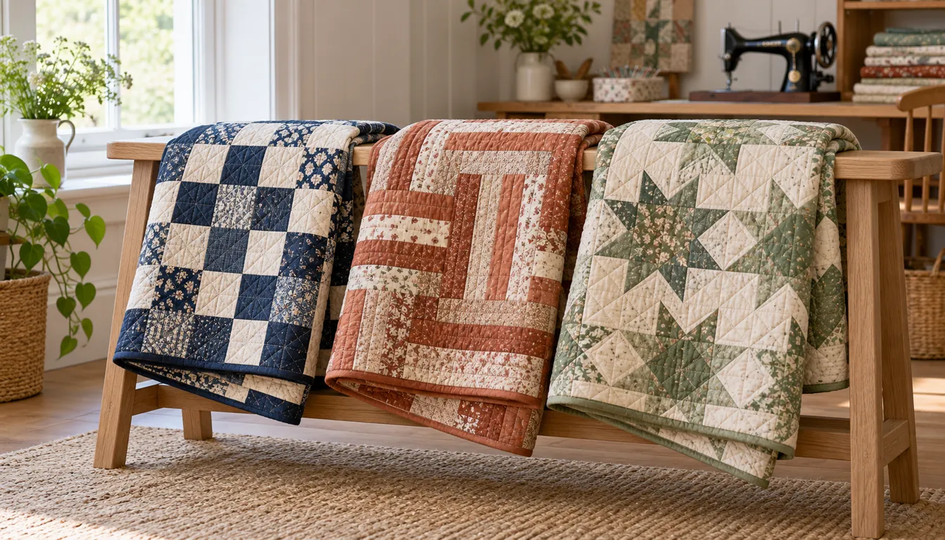 Three folded quilts with navy squares, rust strips and sage star shapes