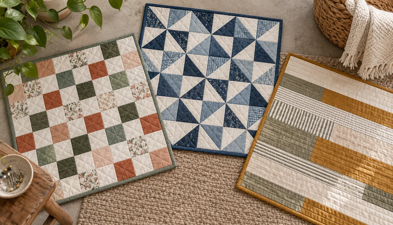 Three small quilts laid out side by side on a rug