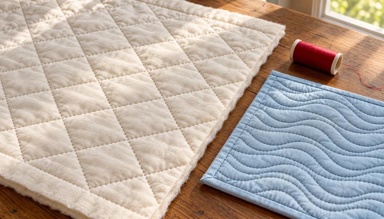 Ivory quilt with diamond-grid stitches beside a blue wave-stitched sample