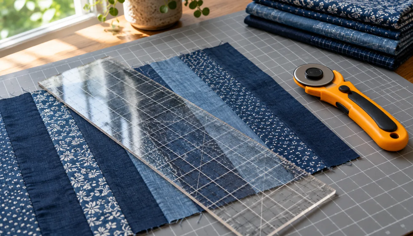 Clear acrylic ruler over indigo fabric strips beside a rotary cutter