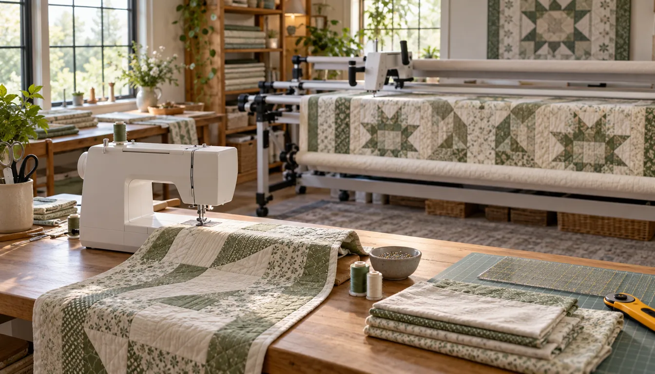 Tabletop sewing machine in front of a larger quilting frame