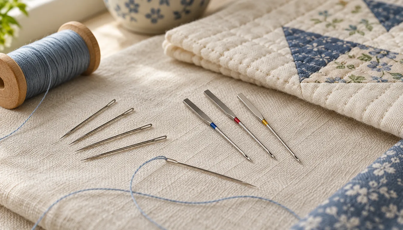 Hand sewing needles and machine needles beside a quilt sample