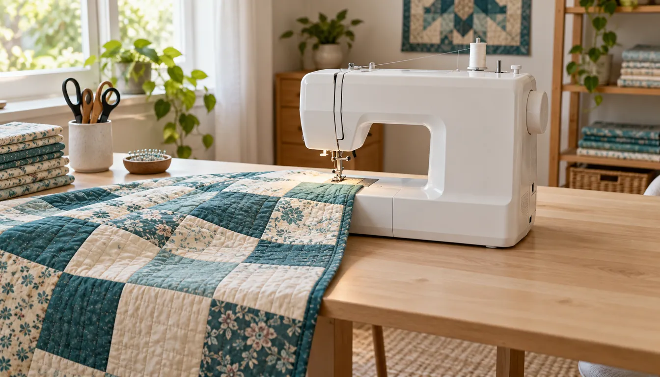 White sewing machine with a teal and cream quilt on a wooden desk