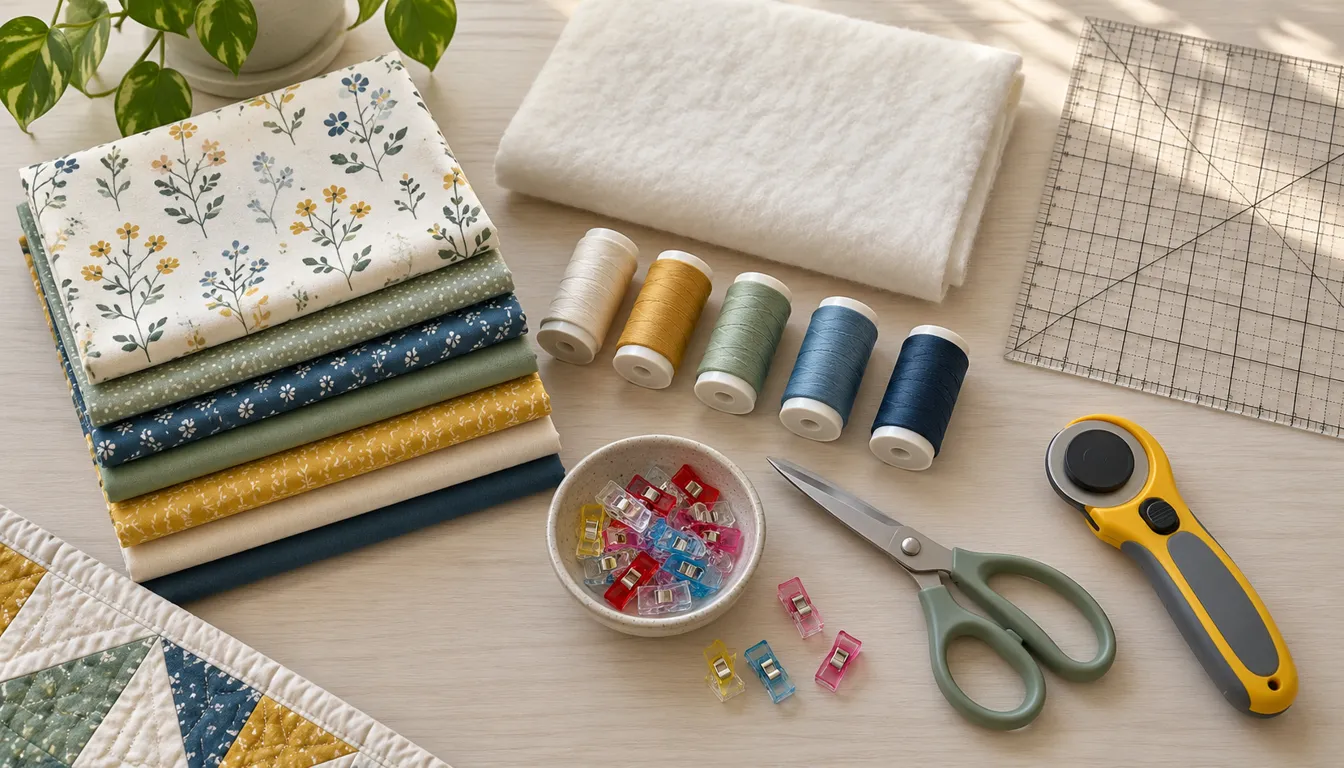 Cotton fabric, thread, batting, cutting tools and clips on a desk