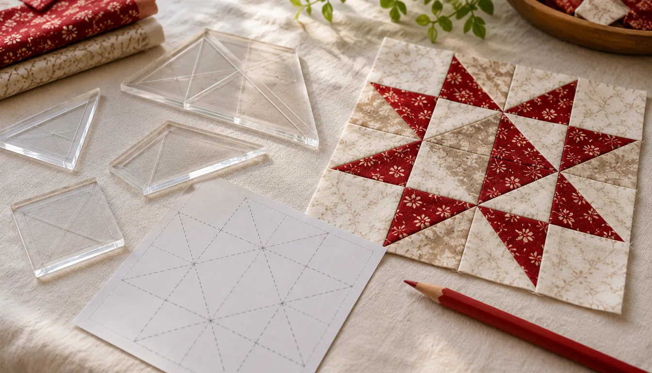 Clear acrylic shapes and a paper square template beside a quilt block
