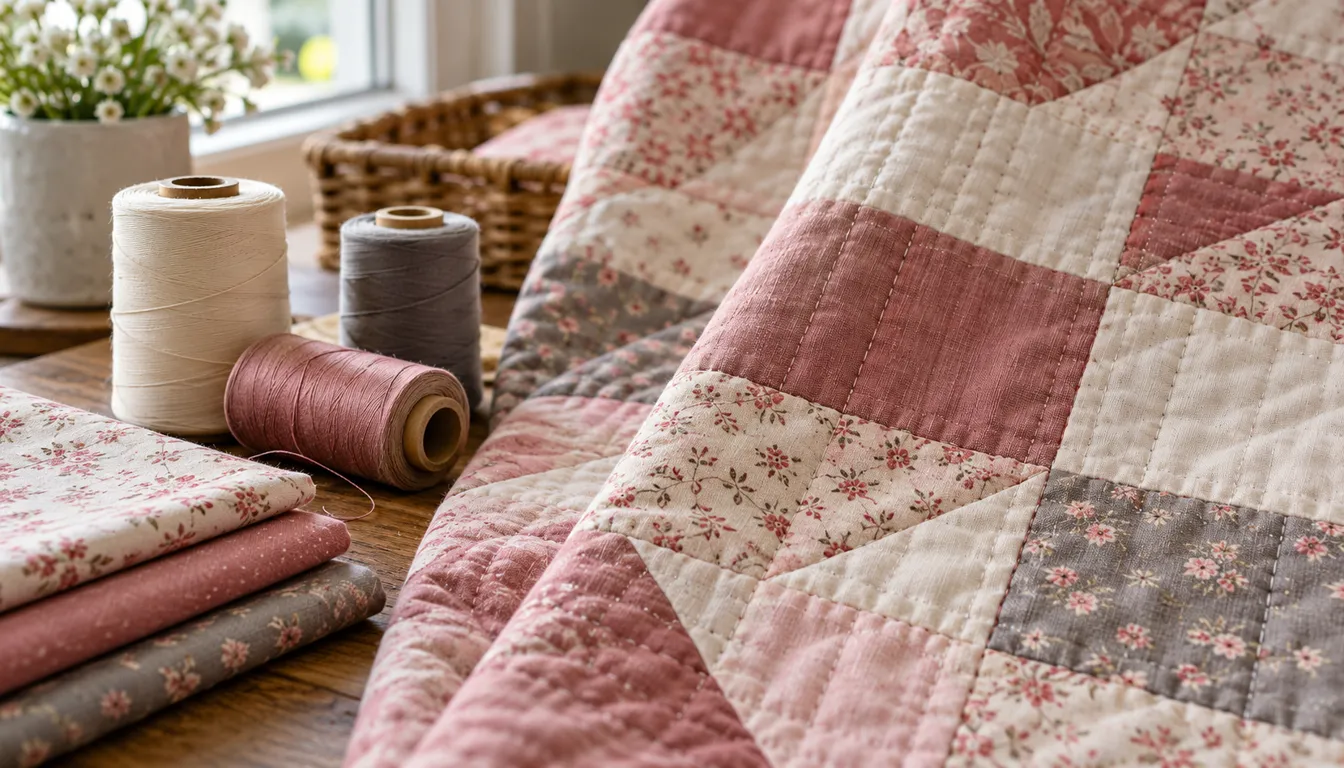 Unlabeled thread spools beside stitched pink patchwork