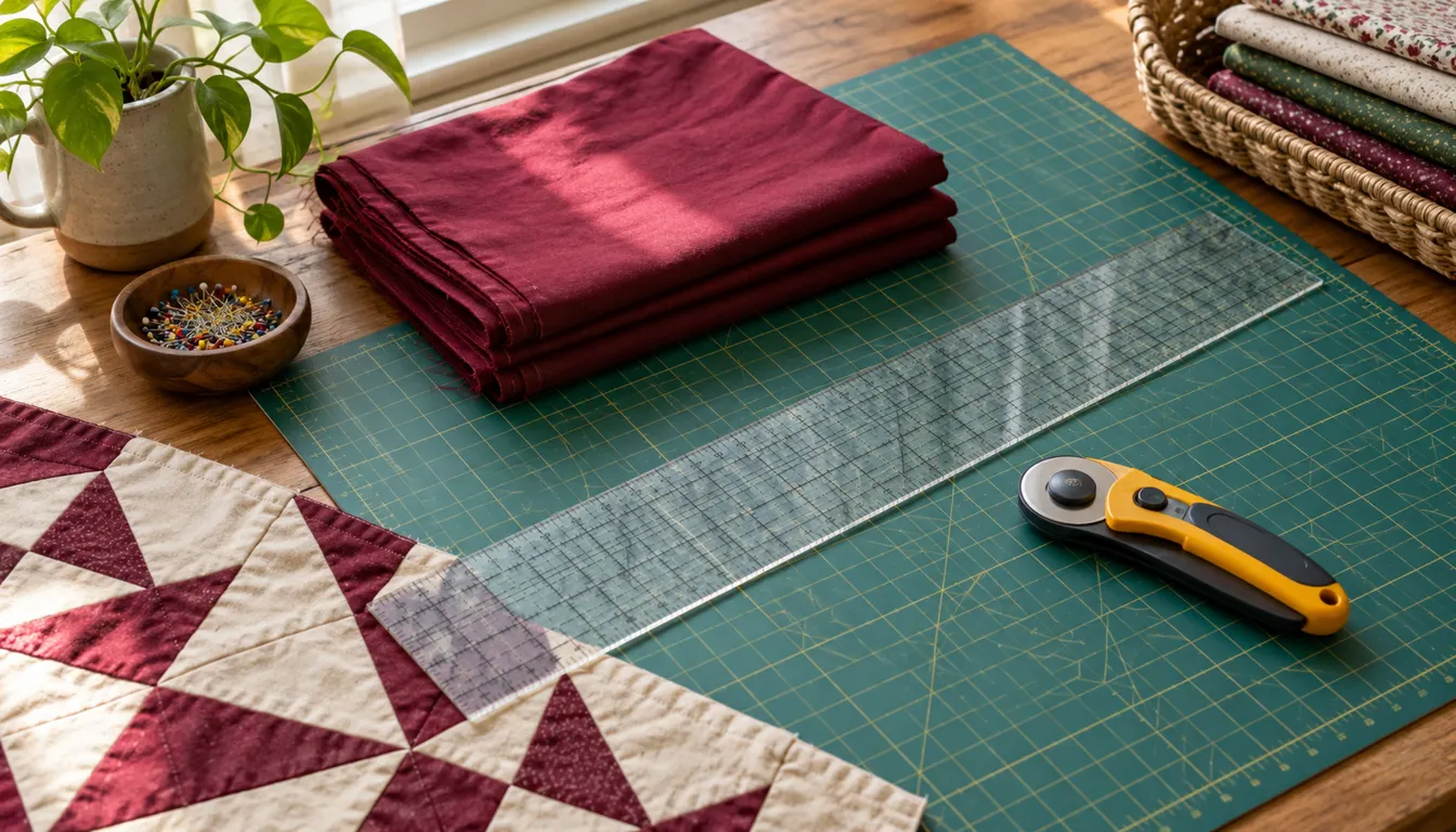 Closed rotary cutter and clear ruler beside burgundy cotton on a cutting mat