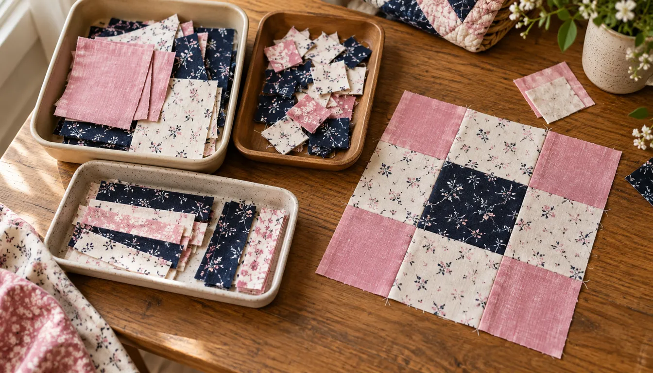 Fabric scraps sorted in trays beside a pink navy and cream nine-patch block