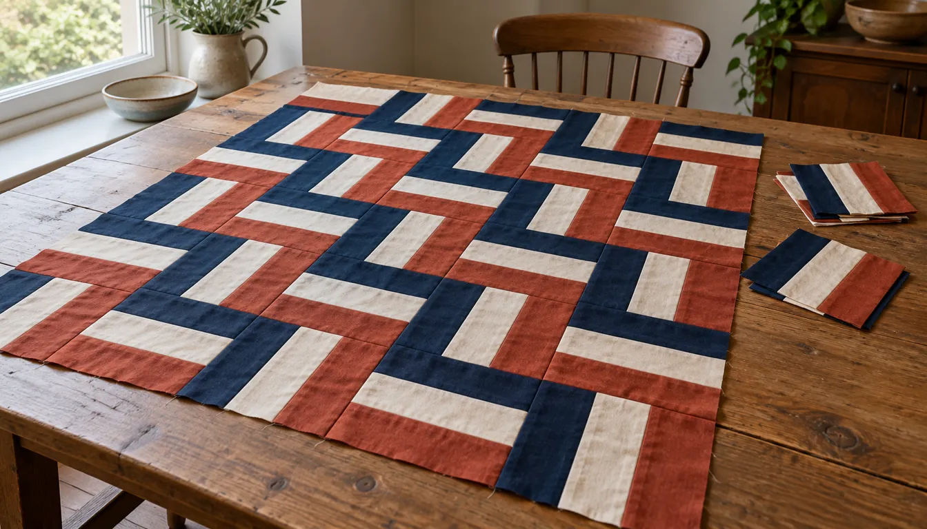 Three-strip rail fence quilt blocks in navy cream and rust with alternating directions