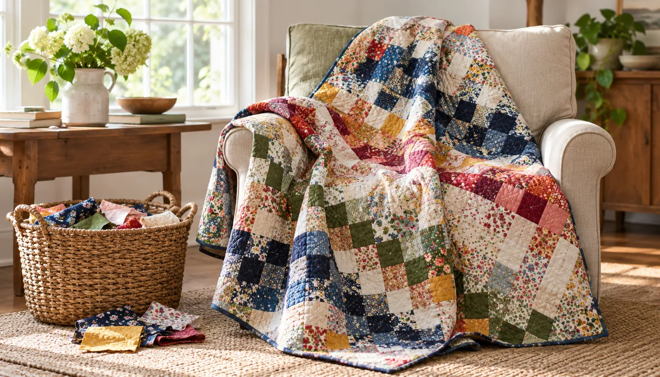 Colorful small-square scrap quilt draped over a chair beside a basket of fabric