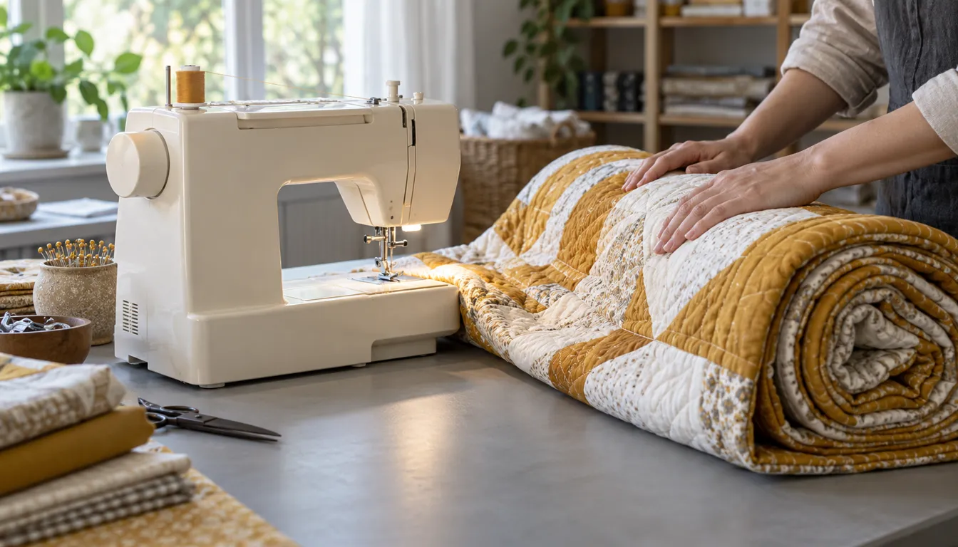 Hands positioning a mustard quilt beside a cream sewing machine