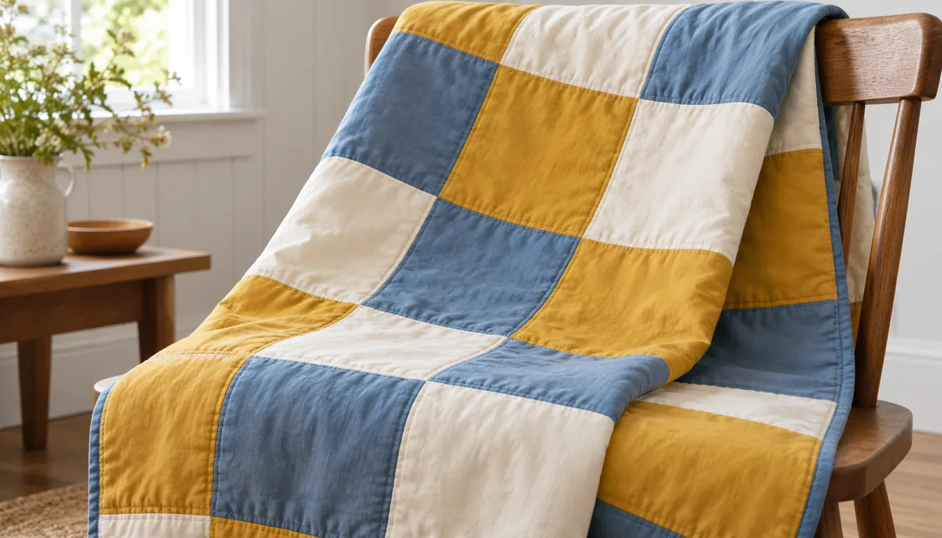 Quilt with large mustard, cream and dusty blue squares draped over a wooden chair