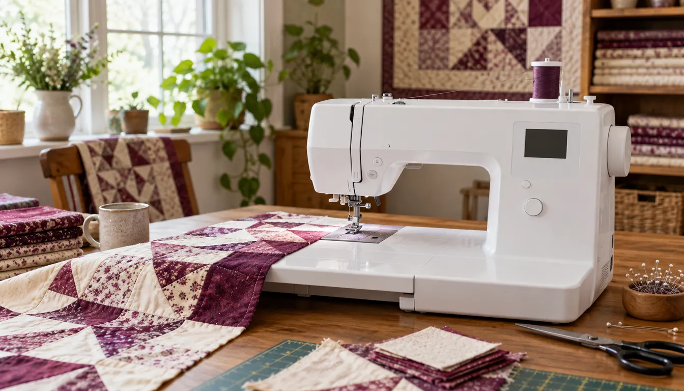White sewing machine beside plum and cream patchwork pieces