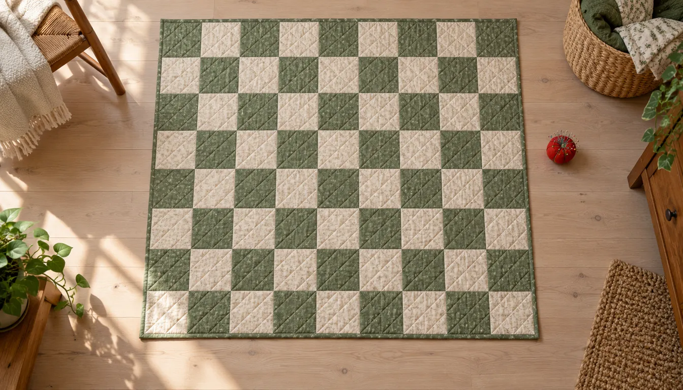 Square cream and green checkerboard quilt laid flat with all four edges visible