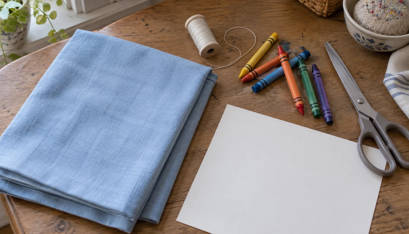 Blue cotton, plain wax crayons and sewing tools on a work table