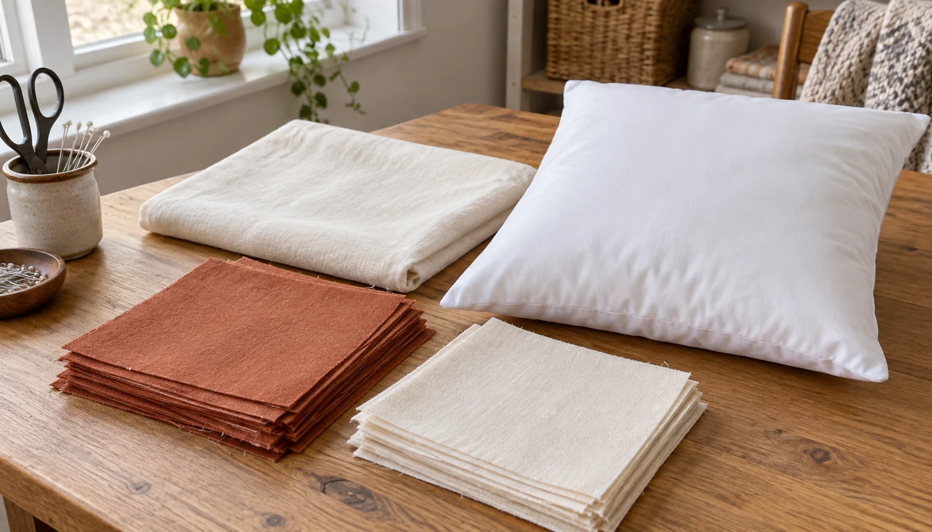 Cotton fabric squares and a white pillow insert ready for a cover project