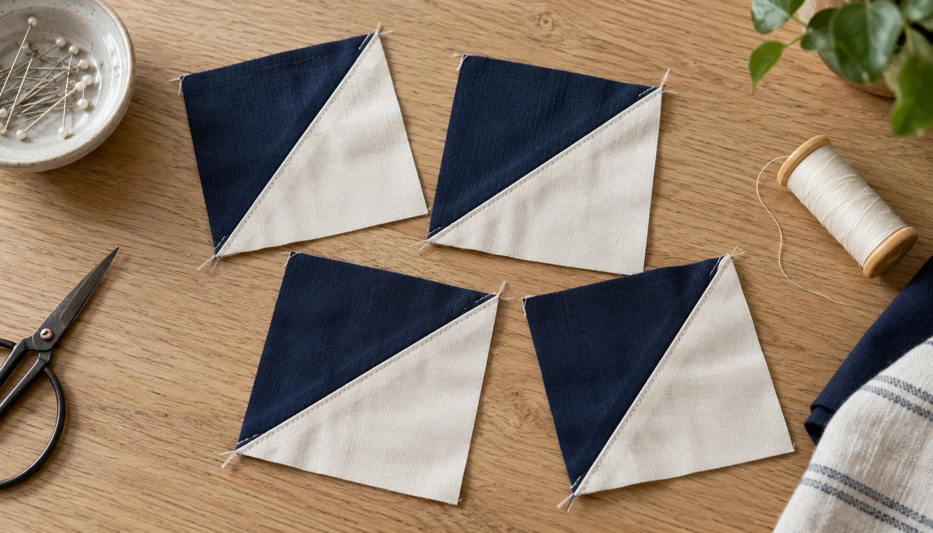 Navy and cream cotton half-square triangle units resting on a wooden table