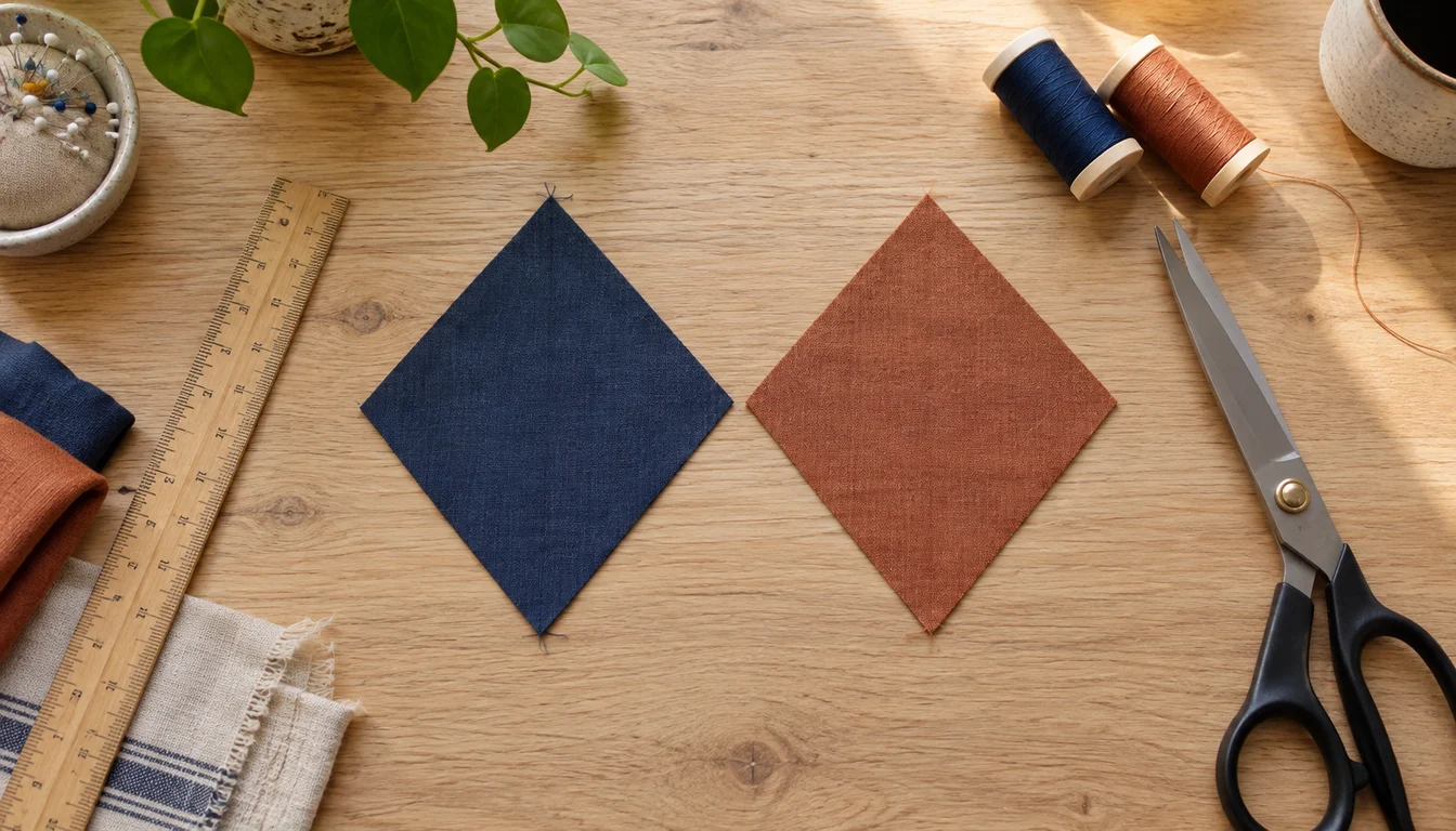 Plain cotton diamonds and sewing tools resting on a light wooden table