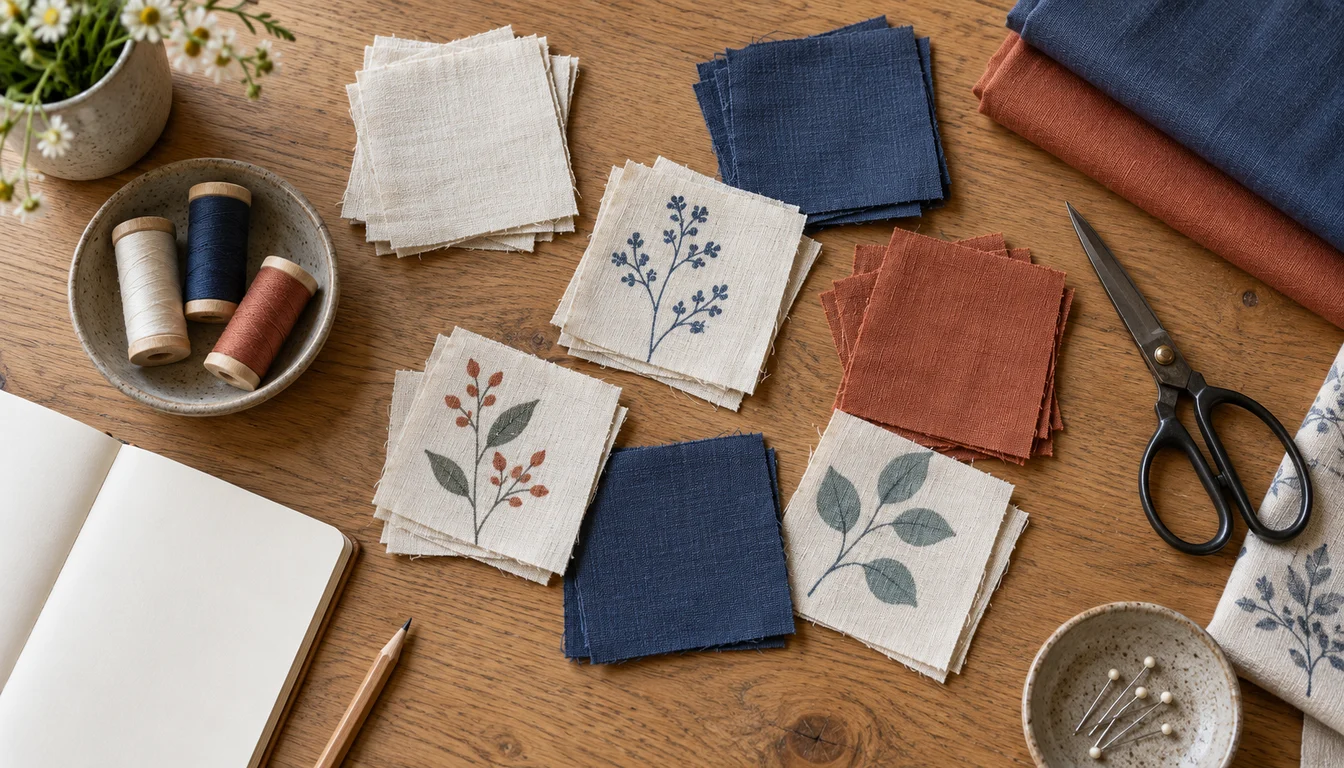 Cotton squares, folded fabric and scissors laid out on a wooden sewing table