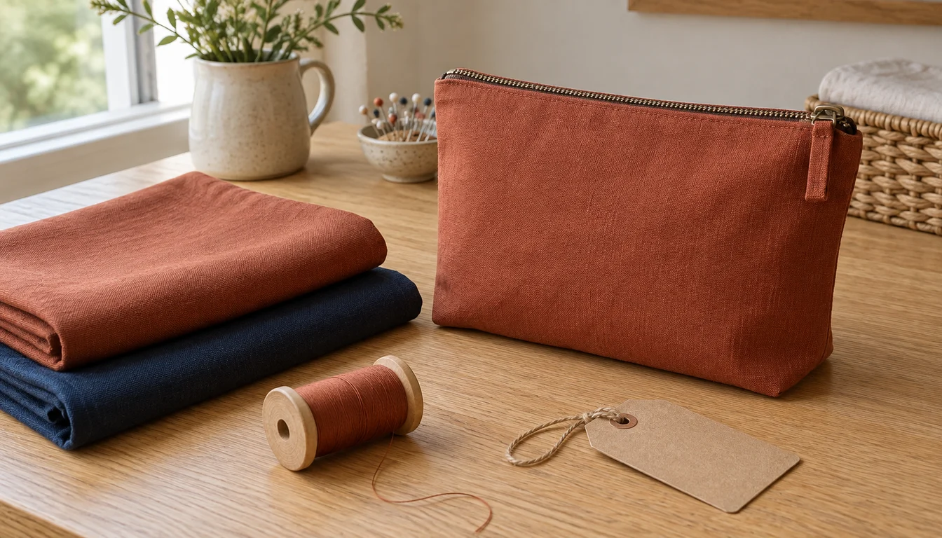 A plain cotton pouch, folded fabric and a blank gift tag on a wooden table