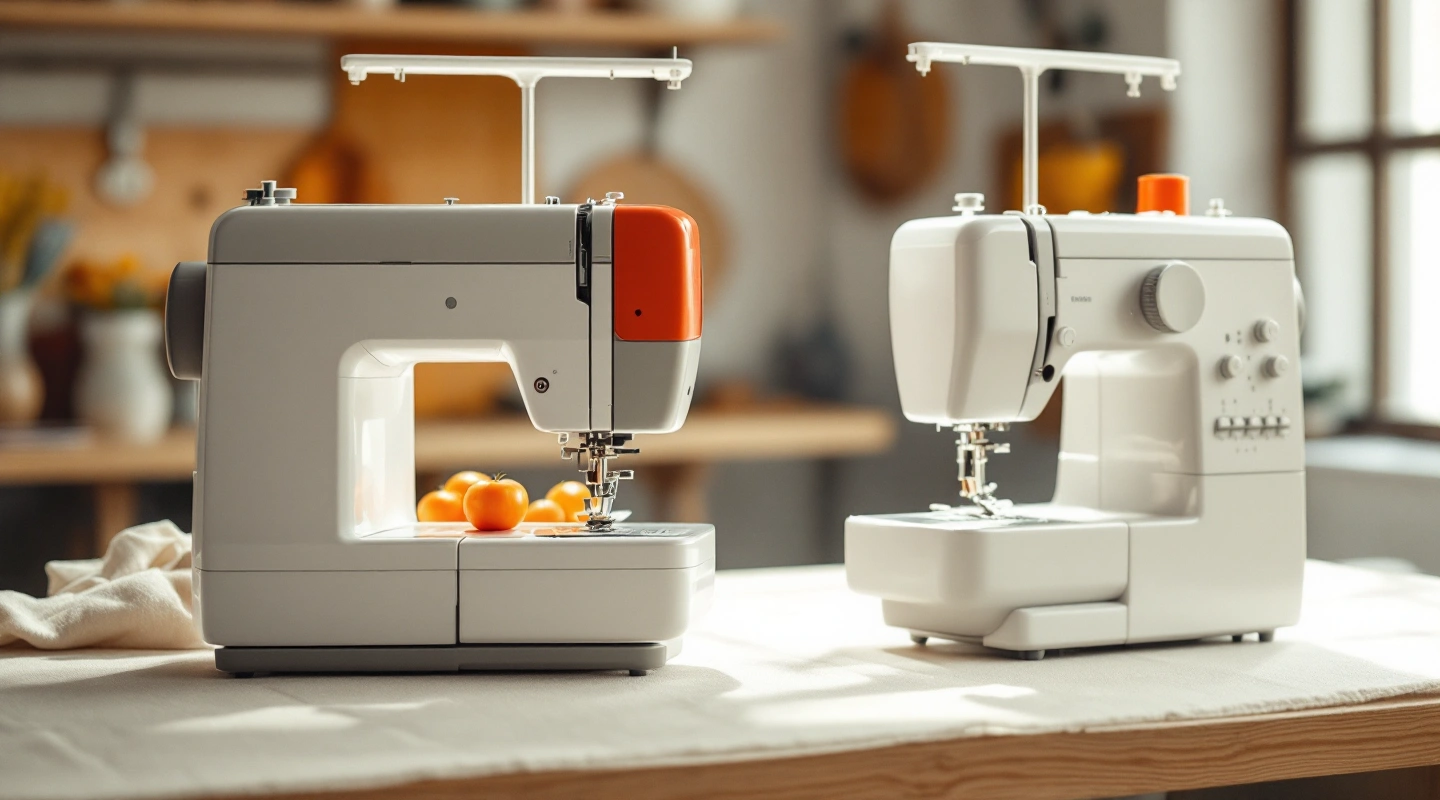 Two home sewing machines side by side on a bright worktable