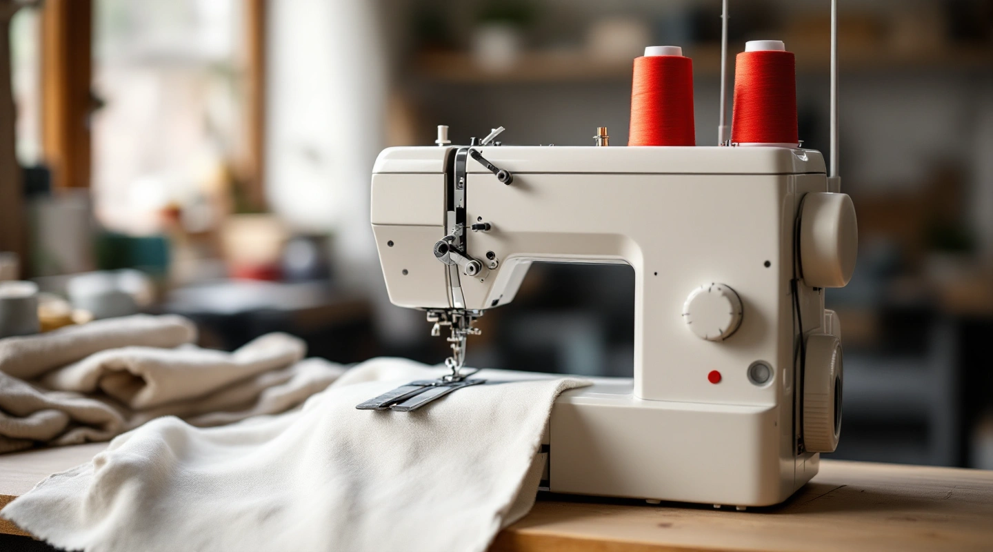 White machine with two red thread cones on top and fabric at the presser foot