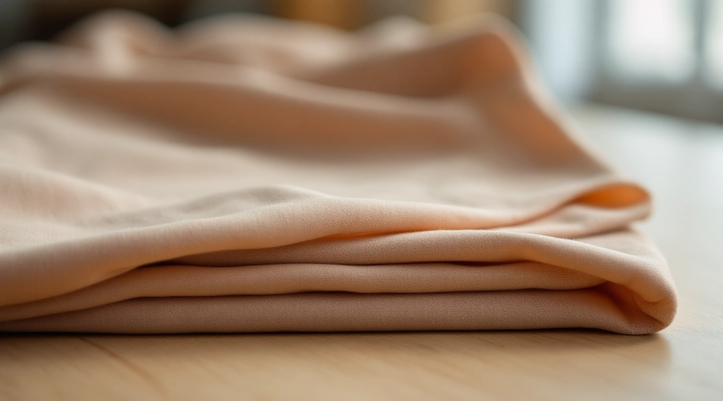 Folded peach jersey fabric on a light wooden table