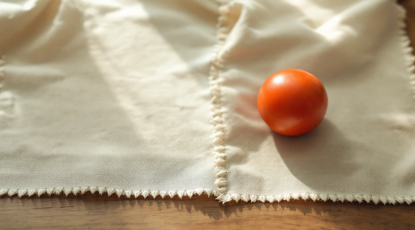 Two cream fabric pieces with finished edges and a tomato on top