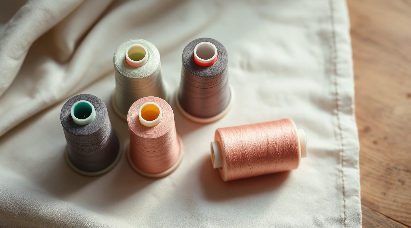 Cones of serger thread in grey, green, pink and blush on cream fabric