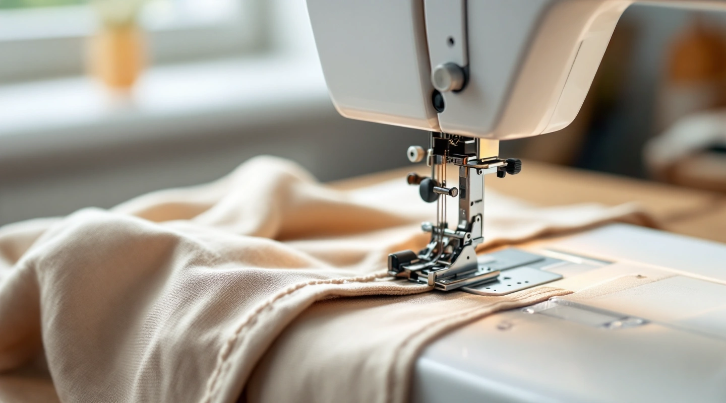 Presser foot and needle of a white machine over cream fabric