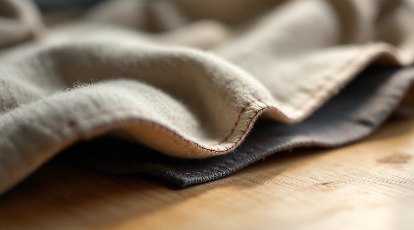Macro of a stitched fabric edge on layered grey and charcoal fabric