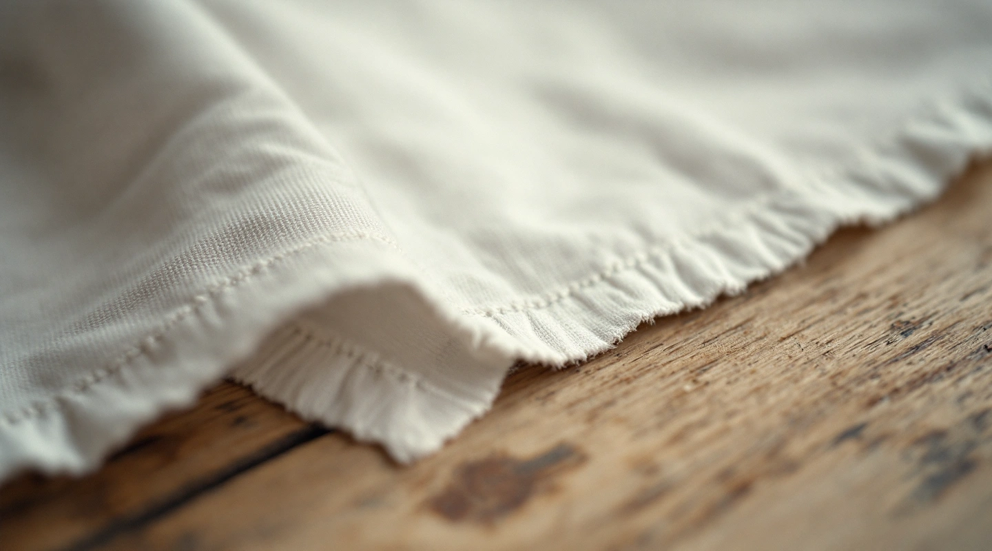 Close-up of a finished fabric edge on a plain cotton scrap on a wooden table