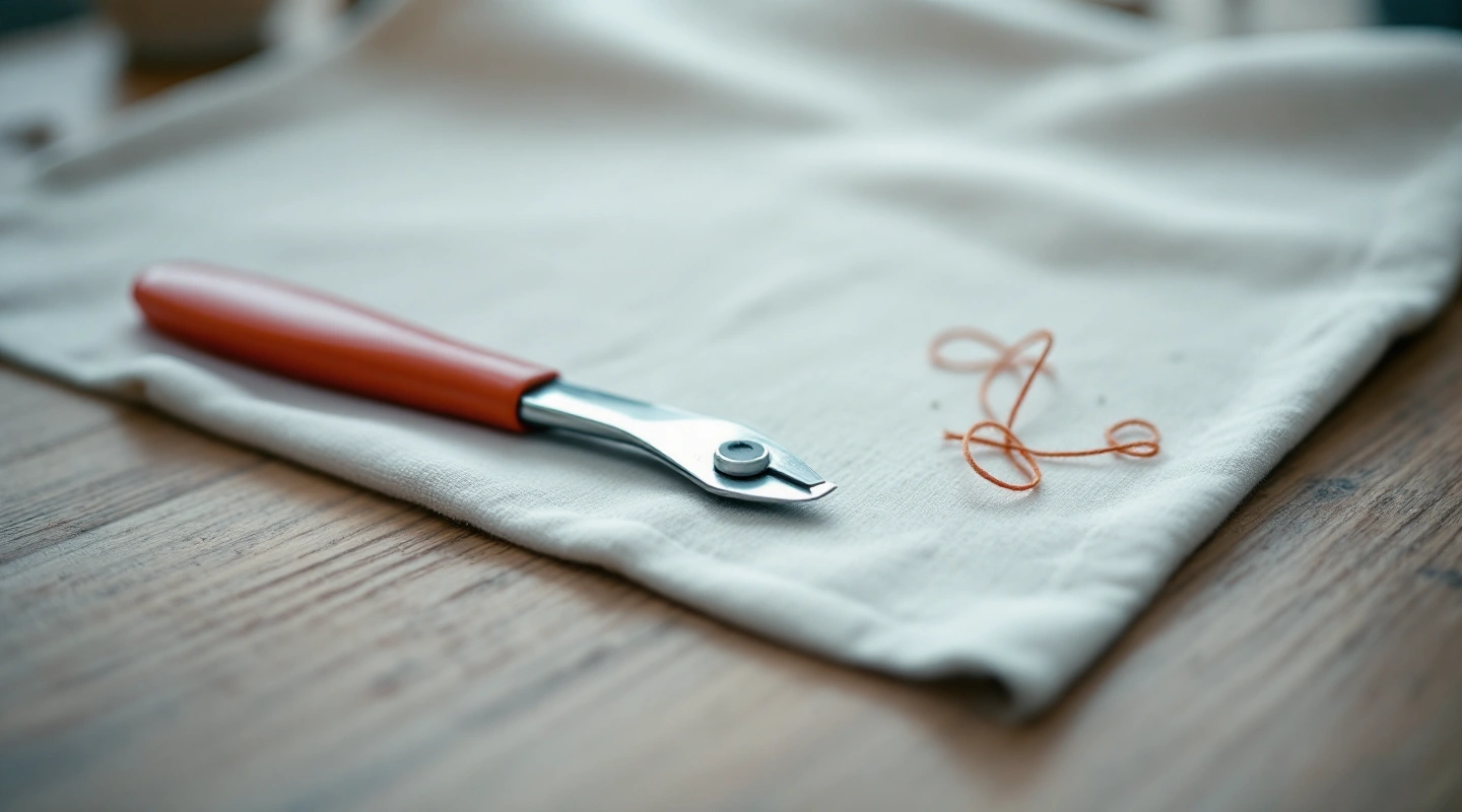 A seam ripper with a red handle beside a few snipped threads on grey fabric