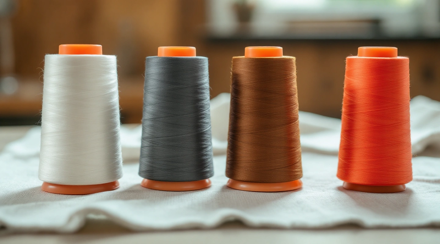 Four serger thread cones in white, grey, brown and tomato red on linen