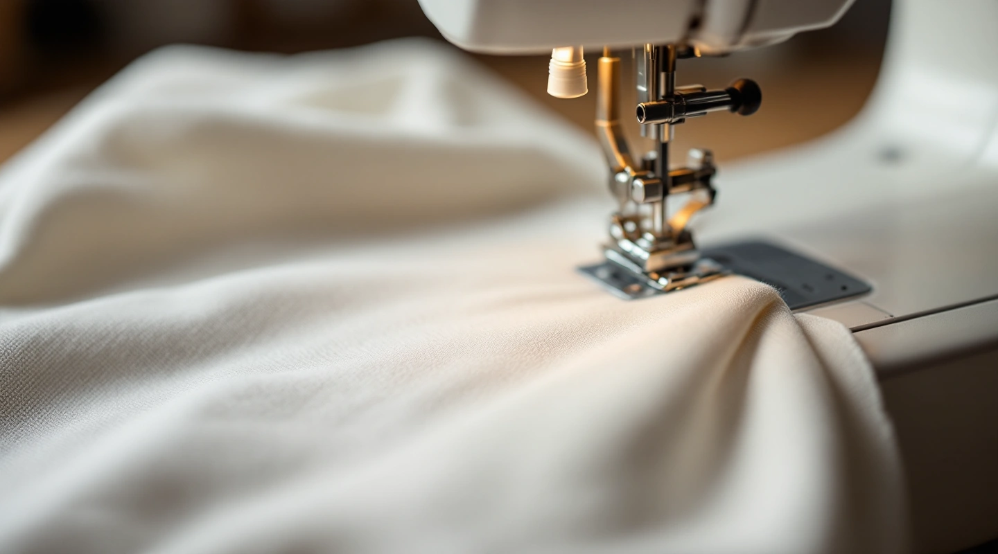 Presser foot resting on a strip of cream fabric, ready to sew