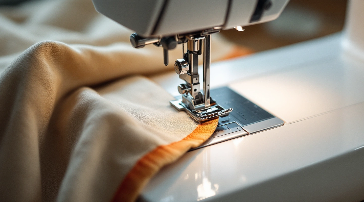 Close-up of a machine presser foot guiding a fabric edge on a white bed